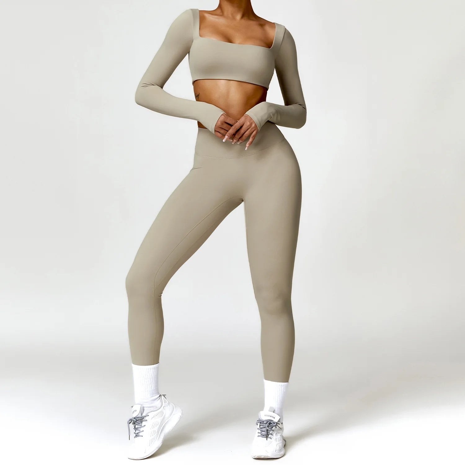 2-Piece Women's High-Waist Yoga Set – Seamless Long Sleeve Workout Suit