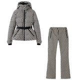2026 Women's Winter Hooded Padded Sport Parkas Pants 2 PCS Set Belt Female Elegant Warm Windproof Skiing Coats Jackets Trousers