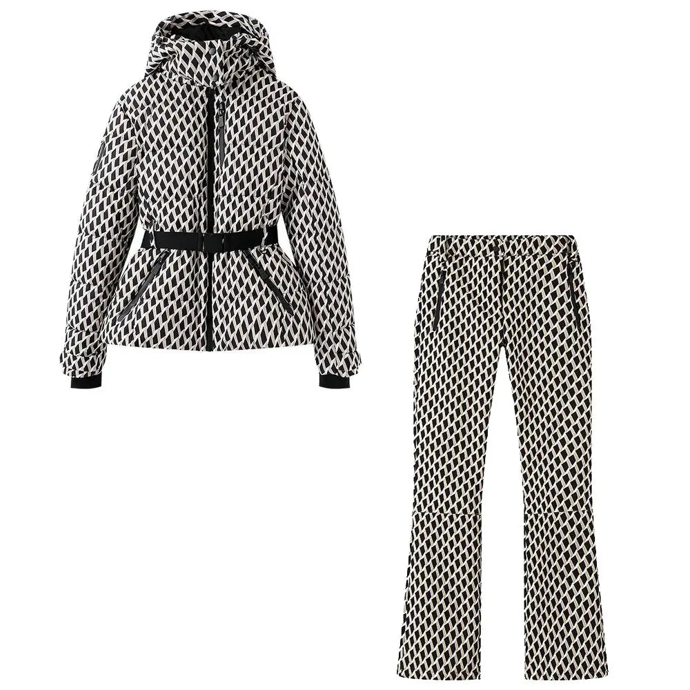 2026 Women's Winter Hooded Padded Sport Parkas Pants 2 PCS Set Belt Female Elegant Warm Windproof Skiing Coats Jackets Trousers
