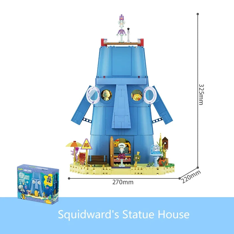 1655PCS SpongeBob SquarePants Squidward Stone Statue House Building Blocks Cartoon Model Bricks Set With Light DIY Toy Fans Gift