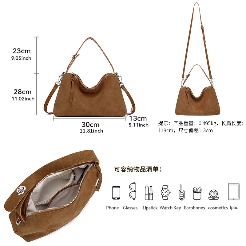 Russian Women's Genuine Suede Cowhide Leather Shoulder Bag Retro Frosted Cow Large Capacity Versatile Commuting Luxury Designer