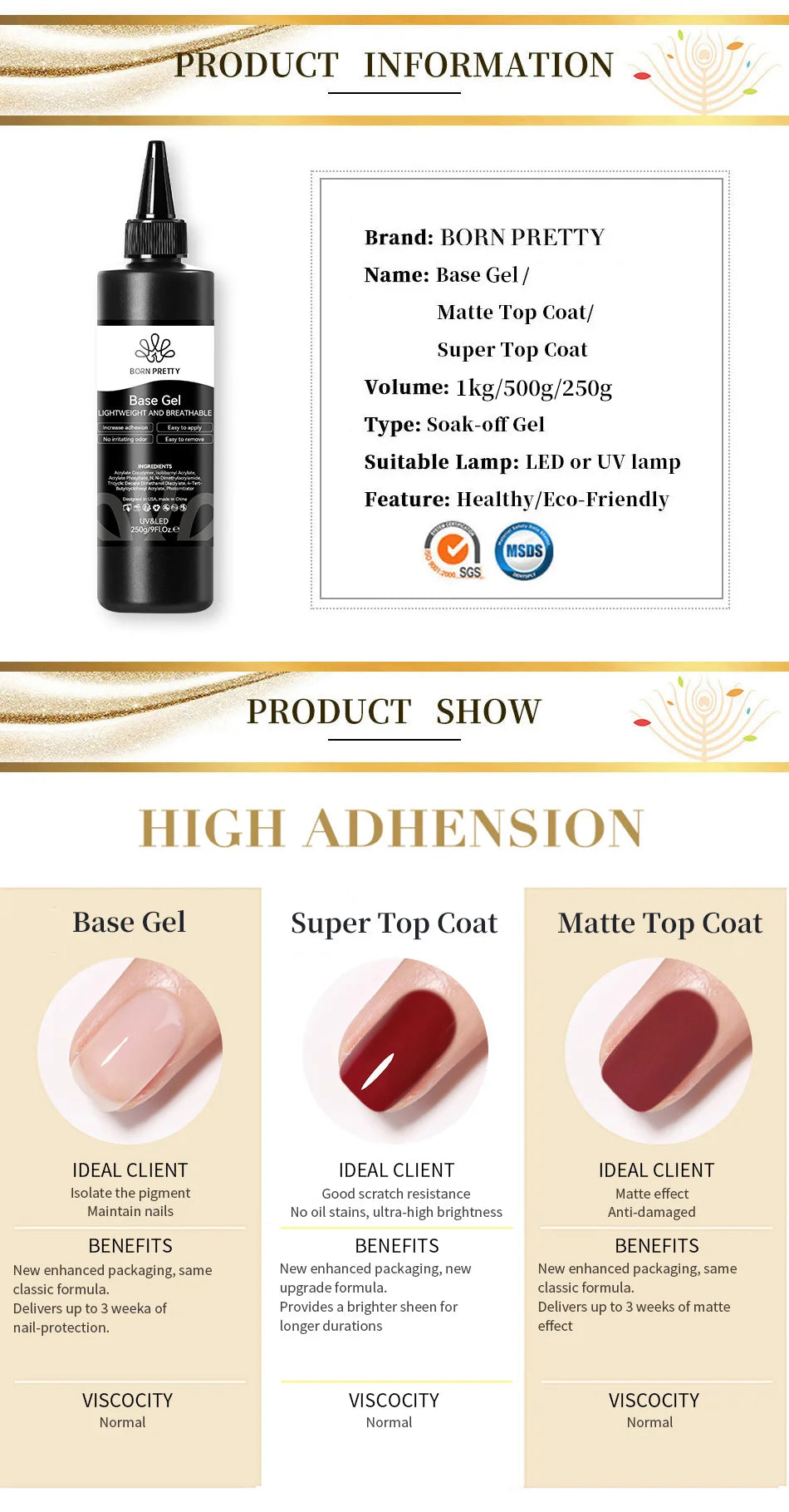 BORN PRETTY 250g Super Top Coat Gel Nail Polish Base Gel Matte Top Coat Semi-Permanent Varnish Soak Off Nail Art Functional Gel