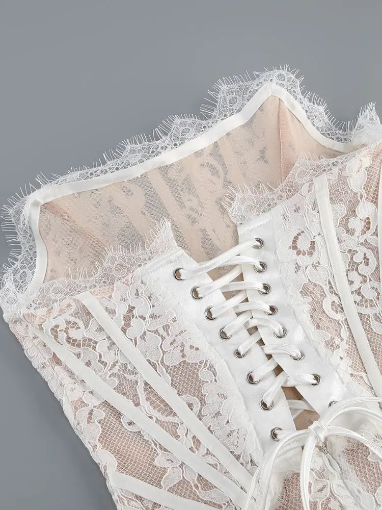 Strapless Lace Mini Dress – Elegant Sheer Patchwork Slim Fit Evening Dress