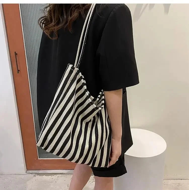 Female Casual Multifunctional Travel Top-handle Handbag Large Capacity Canvas Women Shopper Tote Simple Striped Shoulder Bag2025