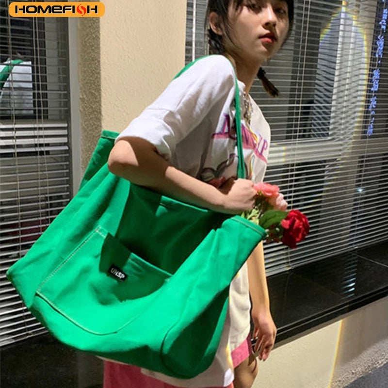 HOMEFISH High Quality Canvas Tote Bag, Women Simple Reusable Shopping Shoulder Handbag for Daily Casual Use