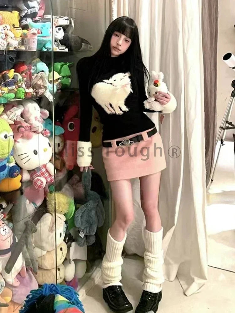 Winter Vingate New 2 Piece Set Women Patchwork Elegant Y2k Knitted Skirt Suit Female Korean Fashion Design Casual Belt Set 2025