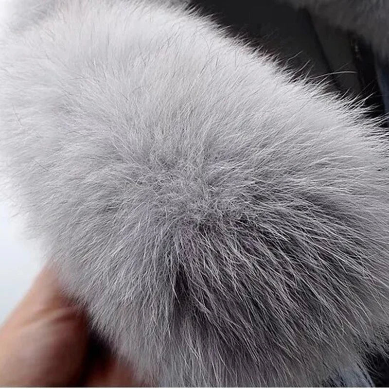 Winter Denim Jacket - Faux Fox Fur Collar & Rabbit Hair Lining Parka