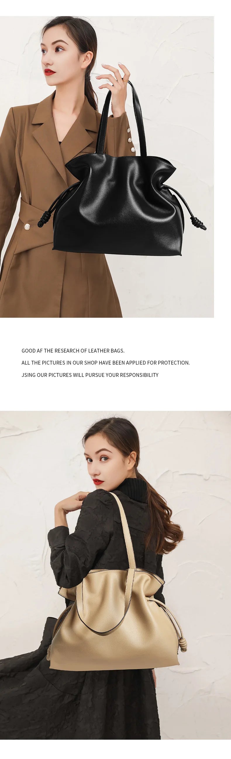 Autumn Winter High-End Leather Bucket Bag Drawstring Pleated Soft Cowhide Single Shoulder Tote Lucky Bag for Women