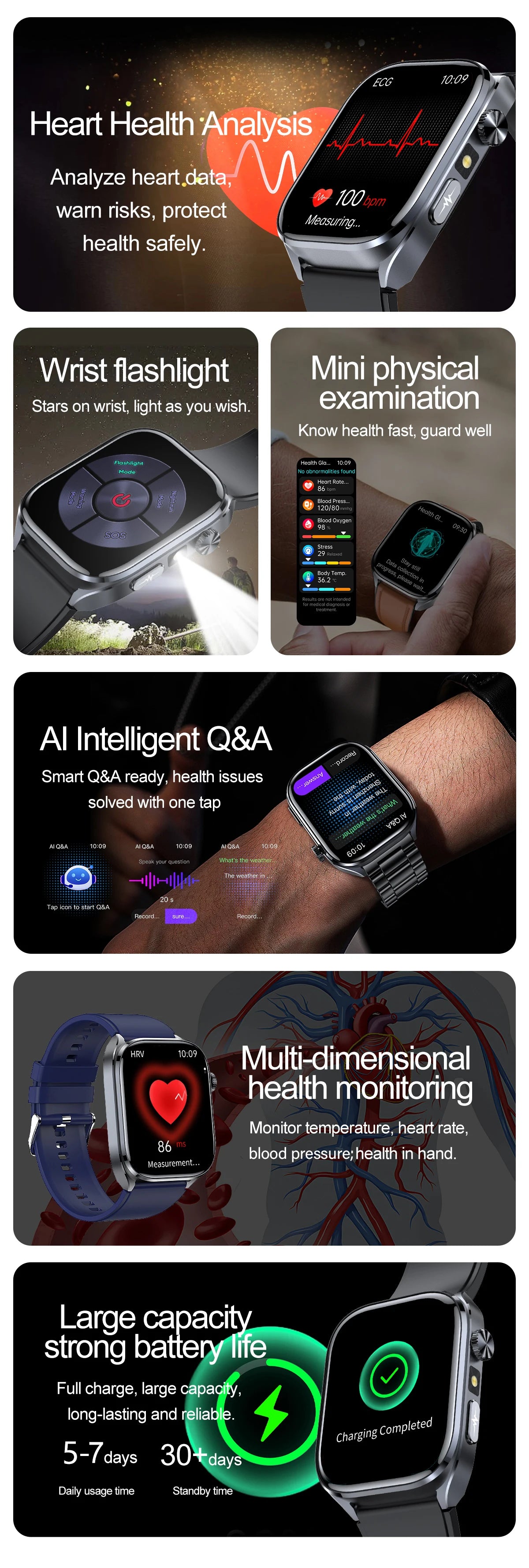 ECG+PPG Health Smartwatch – AI Body Analysis & BT Calling