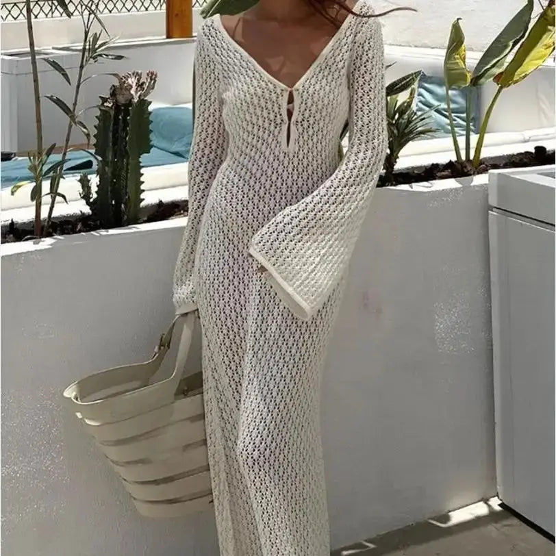 Knitted Hollow-Out V-Neck Maxi Beach Cover-Up