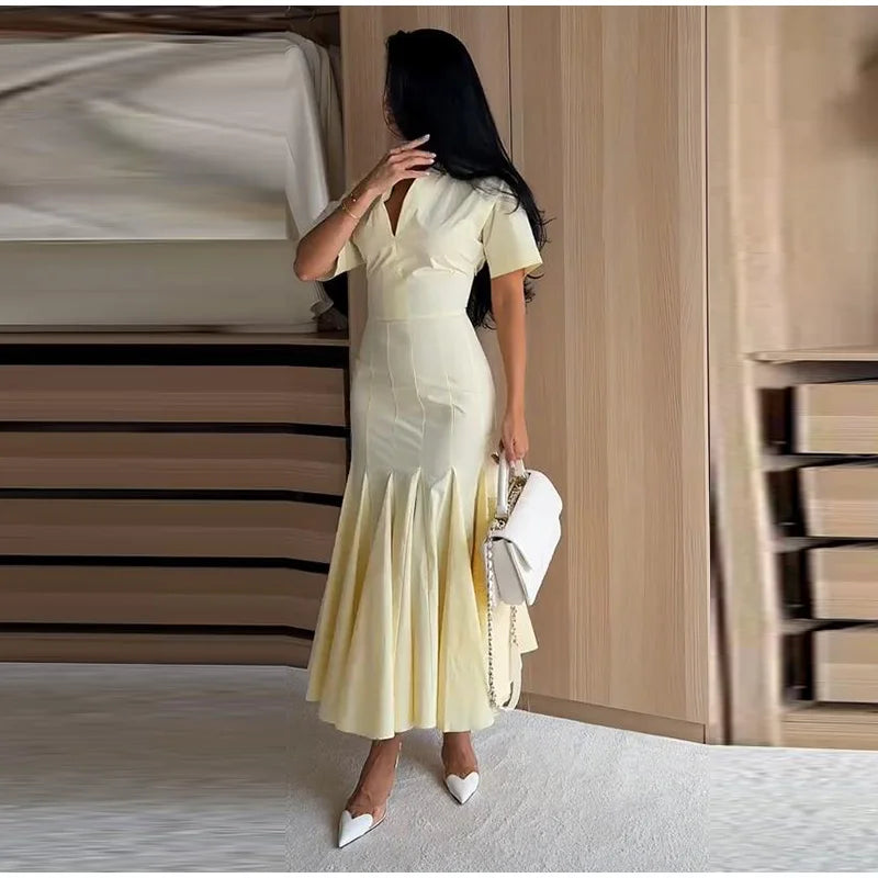 Women Fashion Solid Dress V-neck Ruffles Hem Short Sleeves Waist-cinching Draped Empire Dresses Summer Chic Elegant Summer Gown