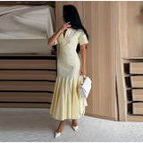 Women Fashion Solid Dress V-neck Ruffles Hem Short Sleeves Waist-cinching Draped Empire Dresses Summer Chic Elegant Summer Gown