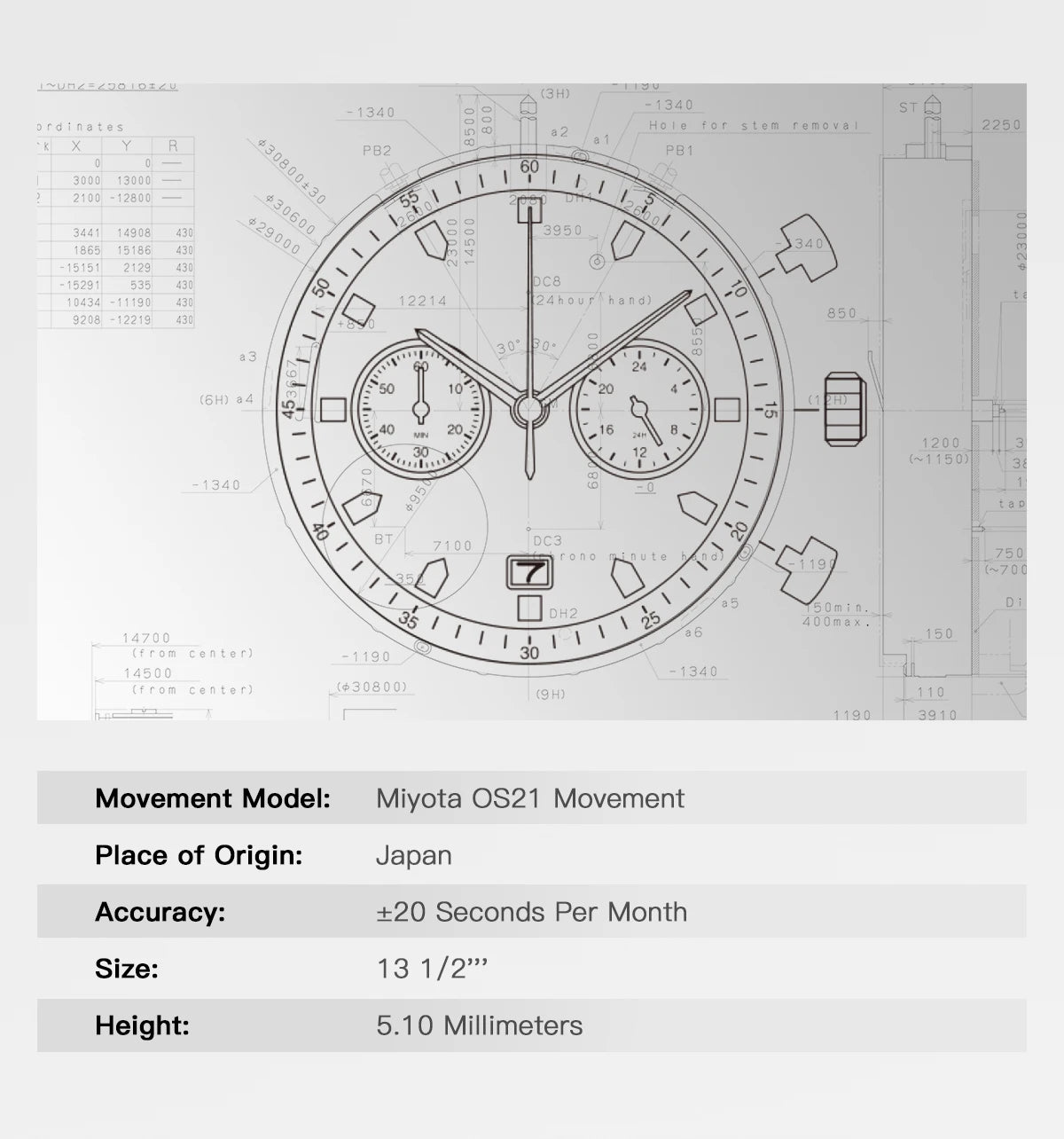 TIMETOKEN New T501GS Mens Watch Japan Miyota OS21 Movement Watermelon Dial Waterproof Chronograph Domed Sapphire Calendar Style