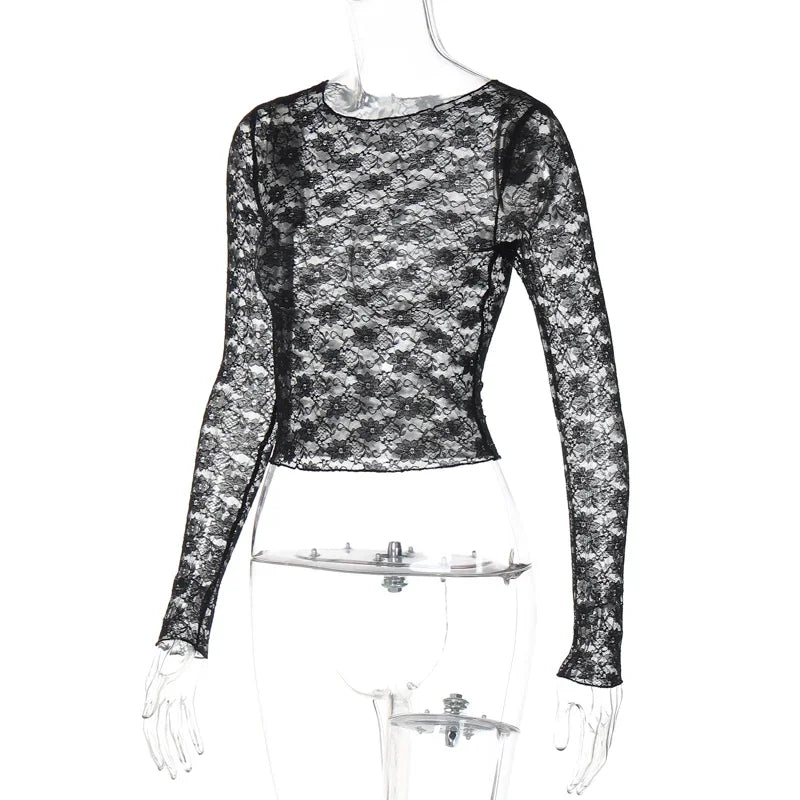Elegant Sheer Lace Long Sleeve Crop Top