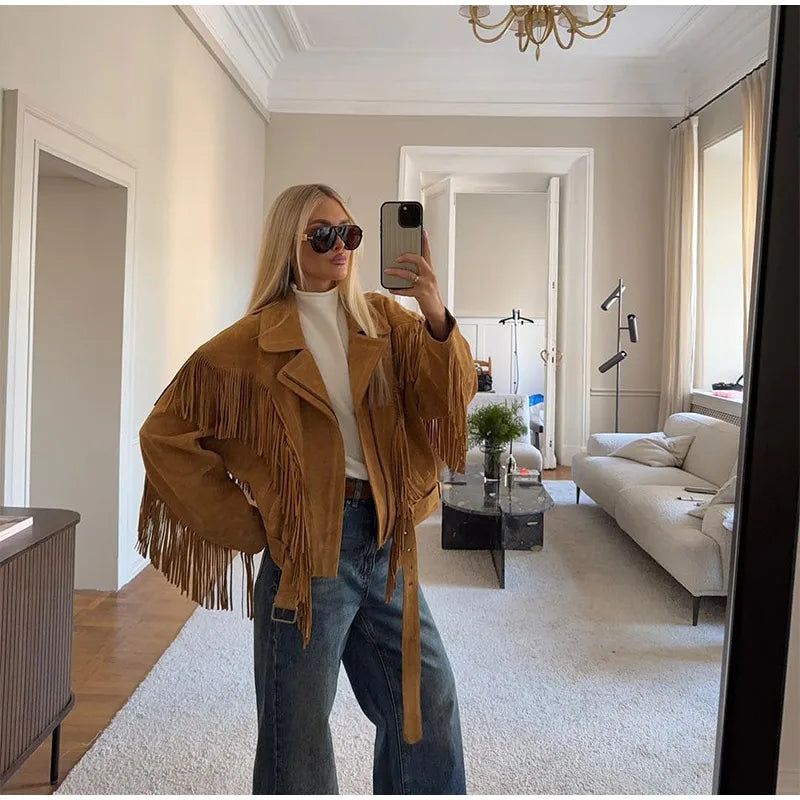 Brown Retro Suede Lapel Zippered Short Jackets Women's Casual Full Sleeves Pocket Loose Coats 2026 Spring Daily Commute Outwear