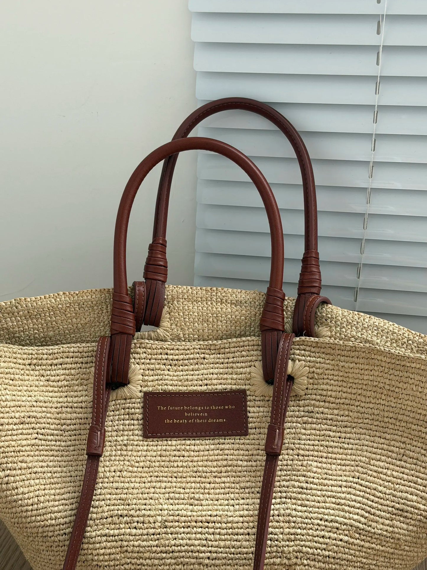 Women's Large Capacity Shoulder Bag Summer Lafite Straw genuine leather Woven Handbag Fashion Female Luxury Designer Beach Bag