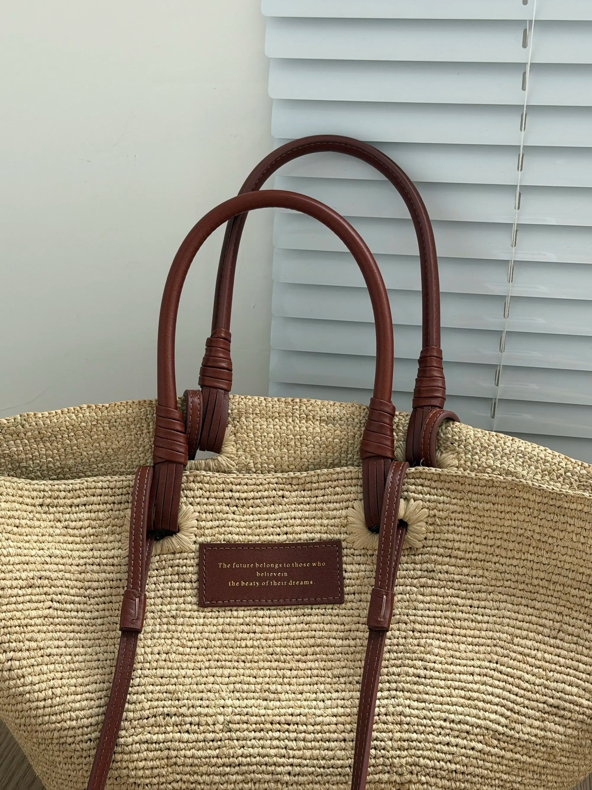 Women's Large Capacity Shoulder Bag Summer Lafite Straw genuine leather Woven Handbag Fashion Female Luxury Designer Beach Bag