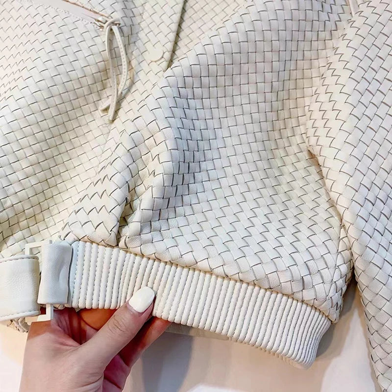 Natural Sheepskin Coat Women Autumn European and American Fashion Short Motorcycle Casual High Quality Hand-Woven Leather Jacket