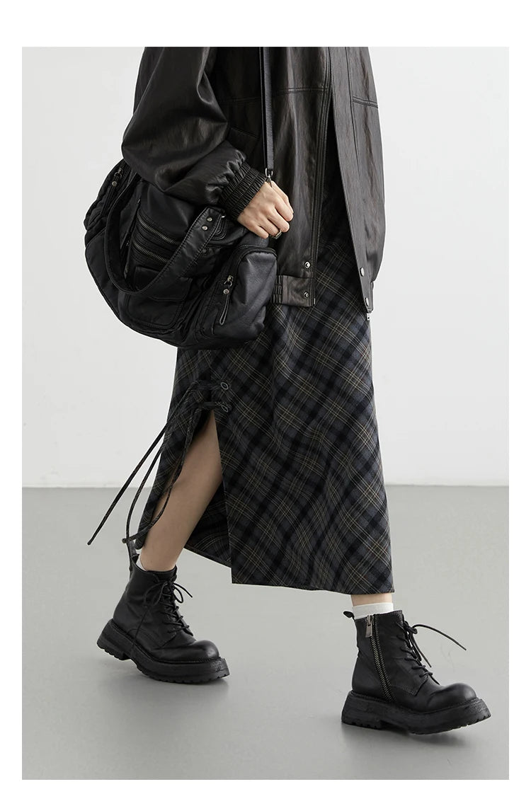 CHIC VEN Women Long Skirt Casual New Sweet Cool Style High Waist Slit Plaid Half Skirt Straight Tube Skirts Spring Autumn 2024