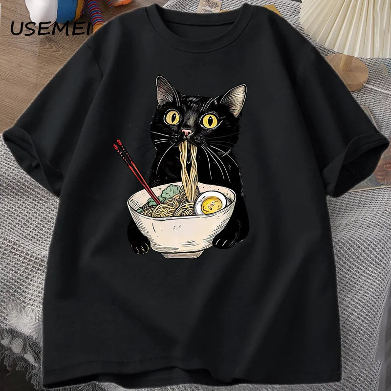 Noodle Ramen Cat T-Shirt Foodie Lover T Shirts Black Cat Noodle T-Shirts Retro Casual Short Sleeve Tshirt for Men Women Clothes