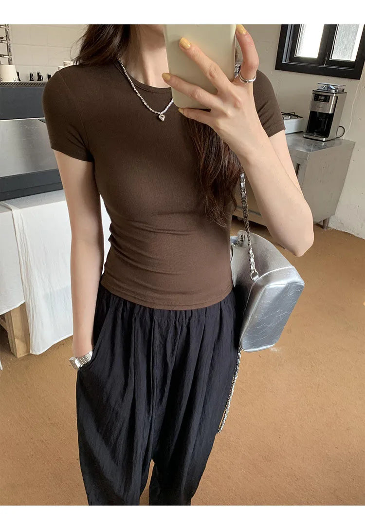 Y2K Vintage Slim Fit Crop Top - Solid Crewneck Short Sleeve Tee