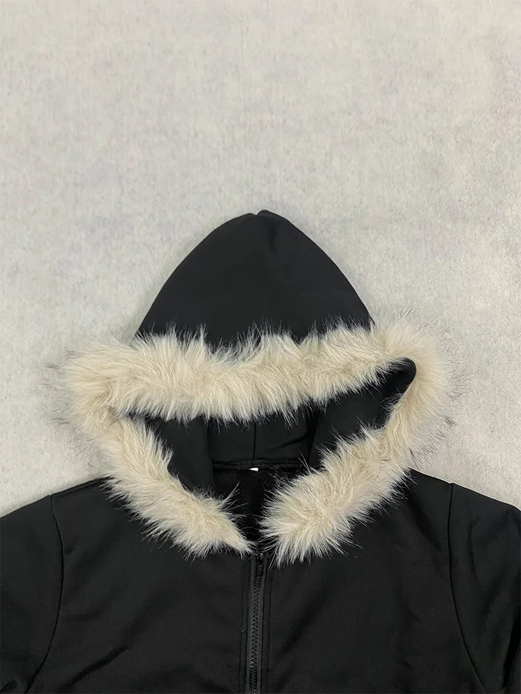Autumn and Winter Women's Y2K GOTH Zipper Hoodie, Hairy Neck Hat, Slim Fit Long Sleeved Coat, Daily Punk Street Wear Coat