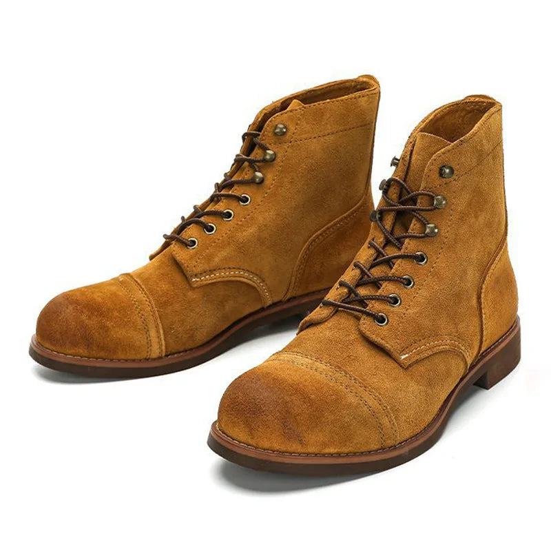 KOWM Hiking shoes men's walking boots British cowhide high top motorcycle boots ankle casual sneakers trekking shoes thick soled