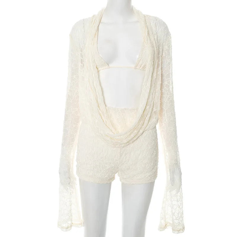 Mozision Lace Two Piece Set Women See Through Long Sleeve T-shirt And Shorts Matching Sets Female Elegant Shorts Two Piece Set