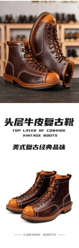 KOWM Hiking shoes men's cowhid boots British leather trekking shoes thick soled ankle sneakers cowhide high top motorcycle boots