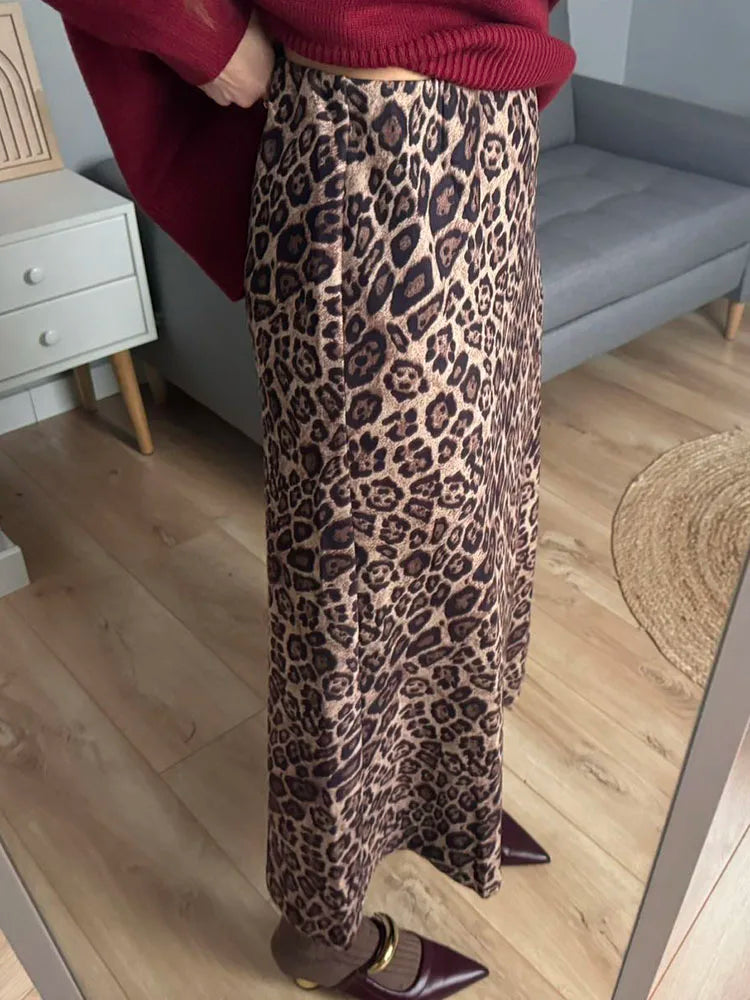 Leopard Print Suede Maxi Skirt – Women's Autumn Winter