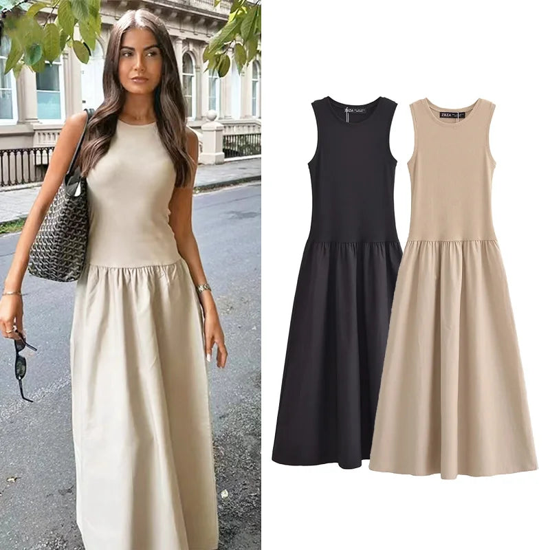 Khaki & Black Elegant Patchwork Maxi Dress – 2025 Spring Y2K Sleeveless