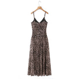 Vintage Chic Leopard Printed Sling Vestido Women Casual Backless Pleated Loose Fit Fold Spaghetti Strap Dress Vacation Beachwear