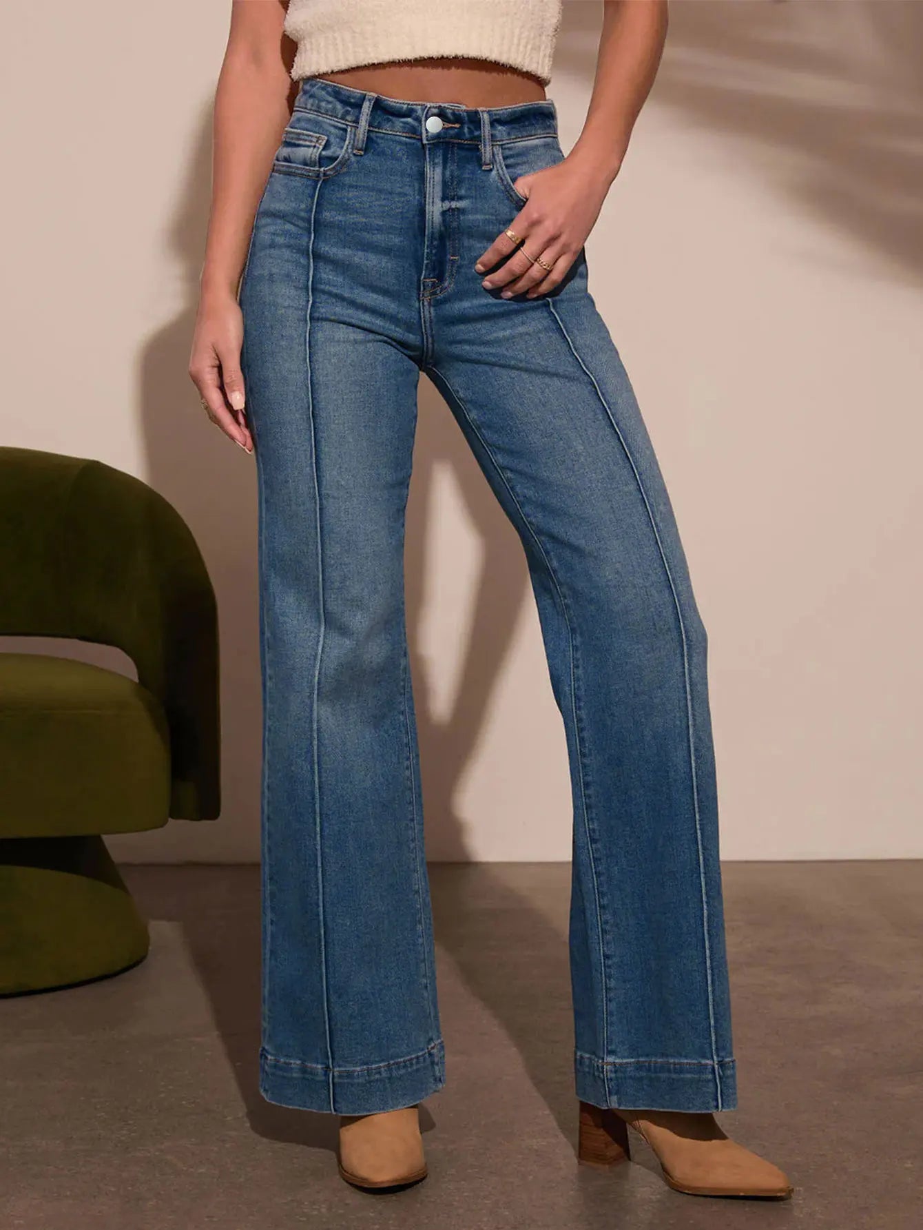Women's Dark Blue High Waist Wide Leg Stretch Jeans