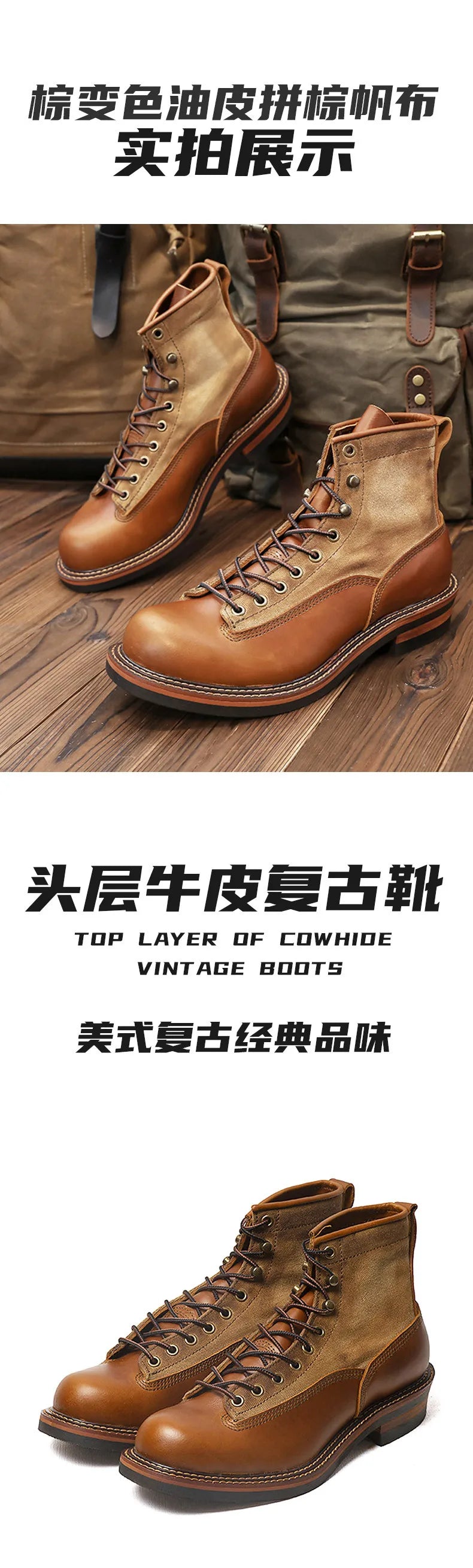 KOWM Hiking shoes men's walking boots British cowhide high top motorcycle boots ankle casual sneakers trekking shoes thick soled