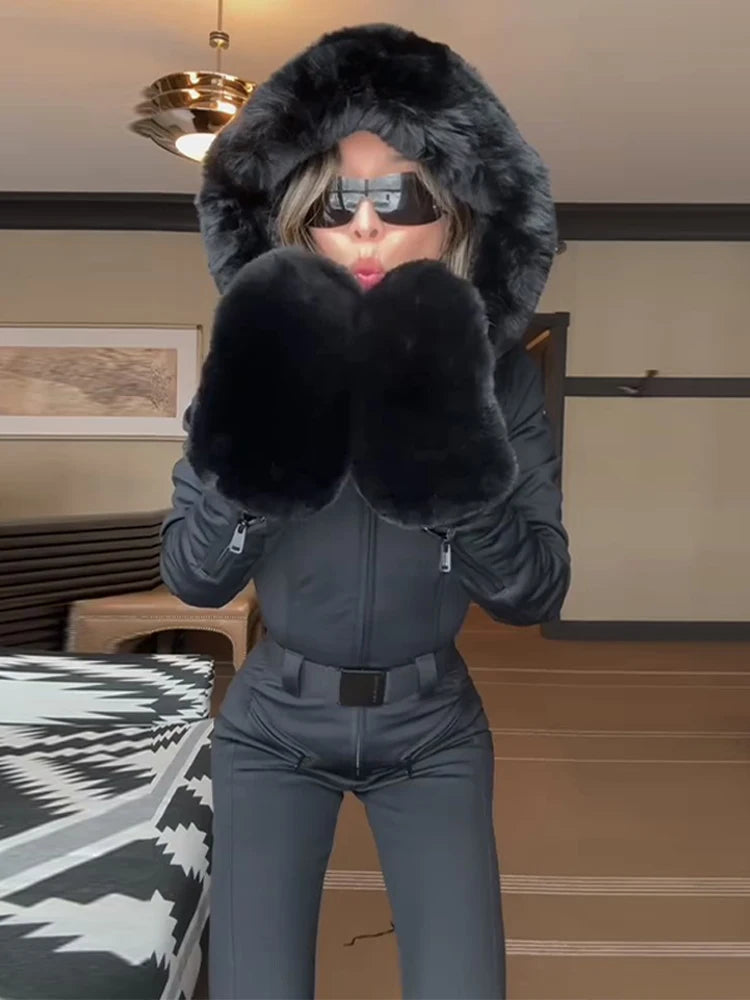 Women’s Faux Fur Hooded Ski Jumpsuit | Waterproof Winter Romper