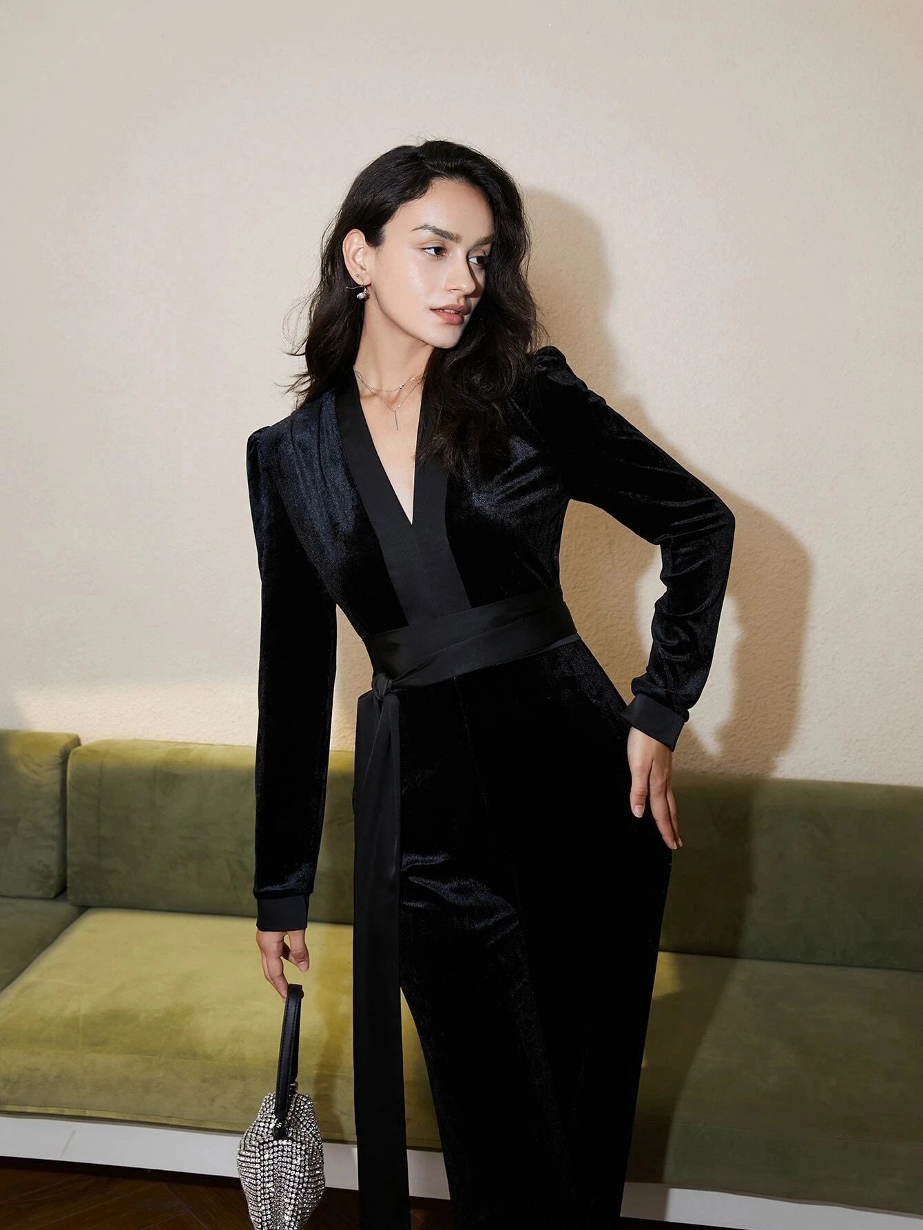 Elegant V-Neck Belted Velvet Jumpsuit – High-End Office & Evening Wear