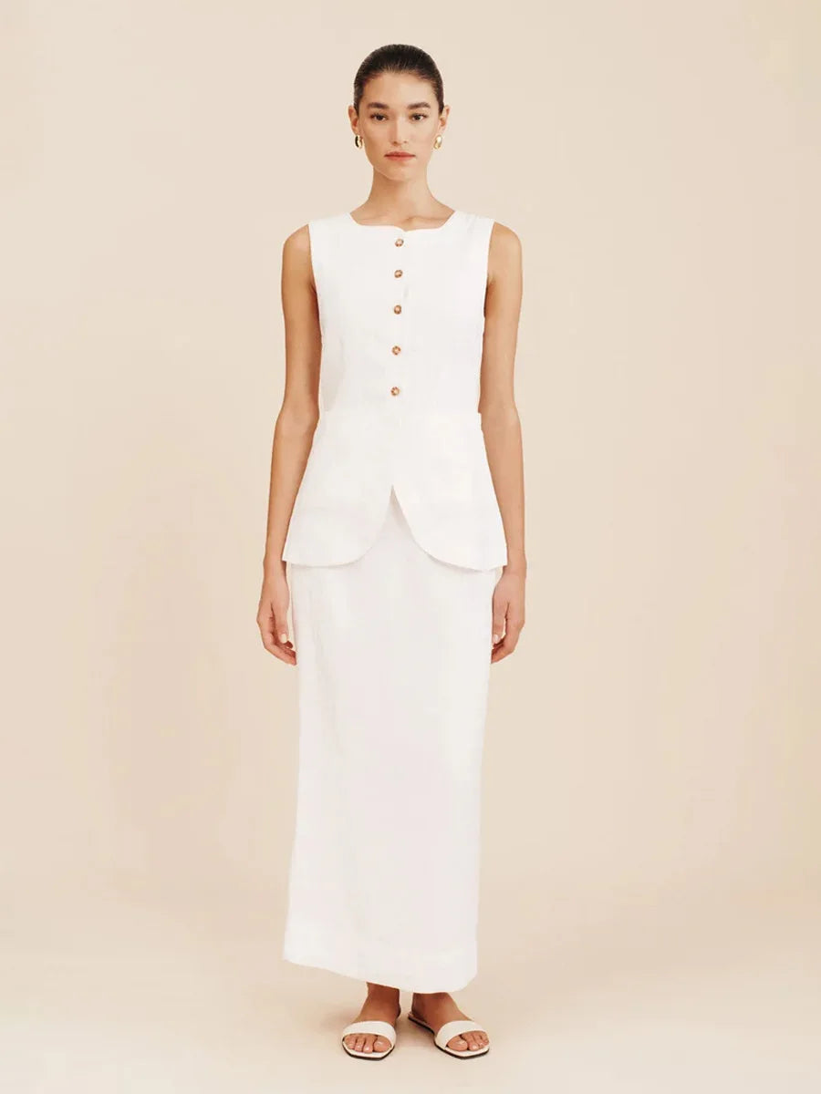 Bornladies Women's Sleeveless Vest High Waisted Skirt Set Spring Summer New Linen Casual Suit Fashion Office Lady Vest Set