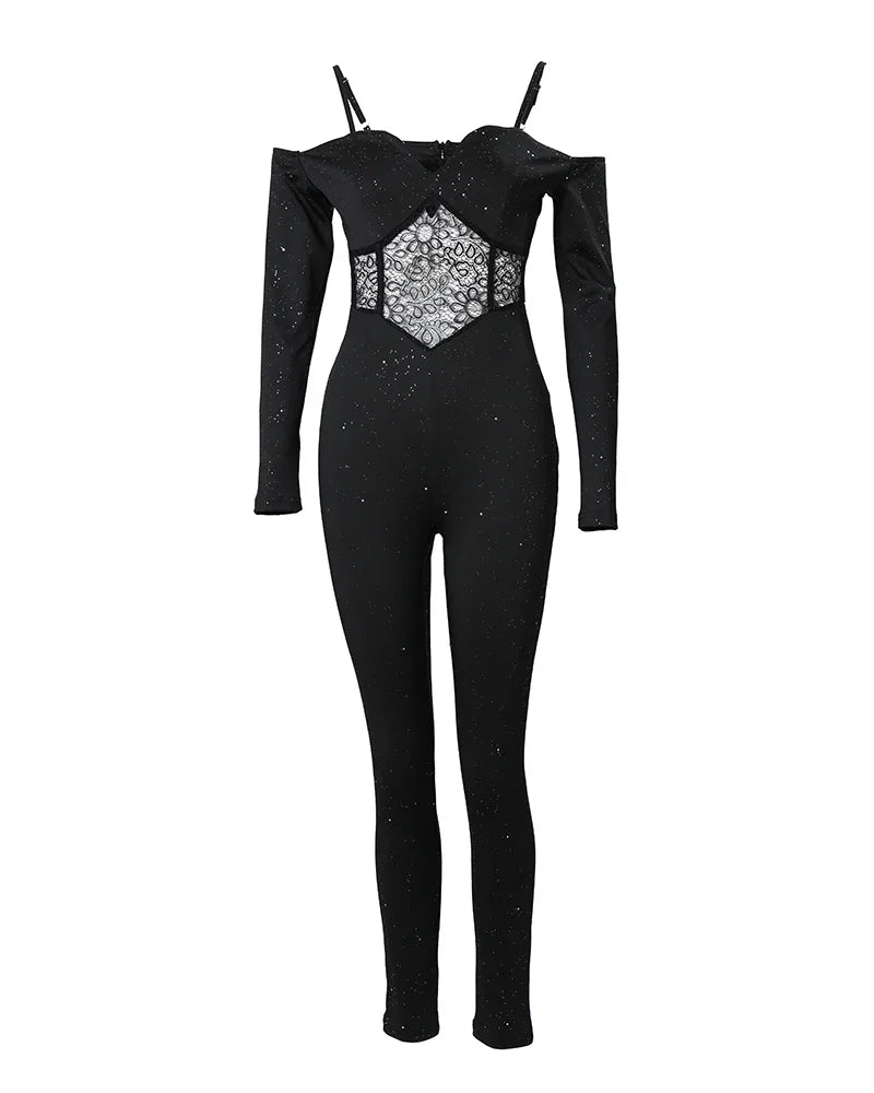 Contrast Lace Cold Shoulder Jumpsuit