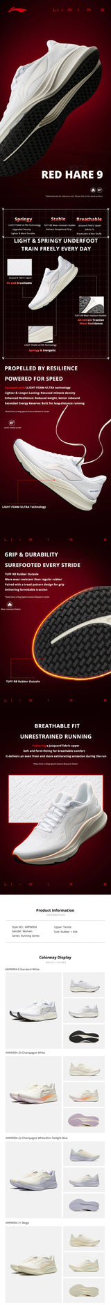 Li-Ning Women's RED HARE 9 Racing Running Shoes LIGHT FOAM ULTRA Breathable Stable Anti-slip LiNing Training Sneakers ARPW004