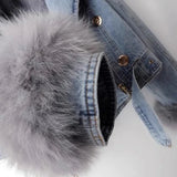 Winter Denim Jacket - Faux Fox Fur Collar & Rabbit Hair Lining Parka
