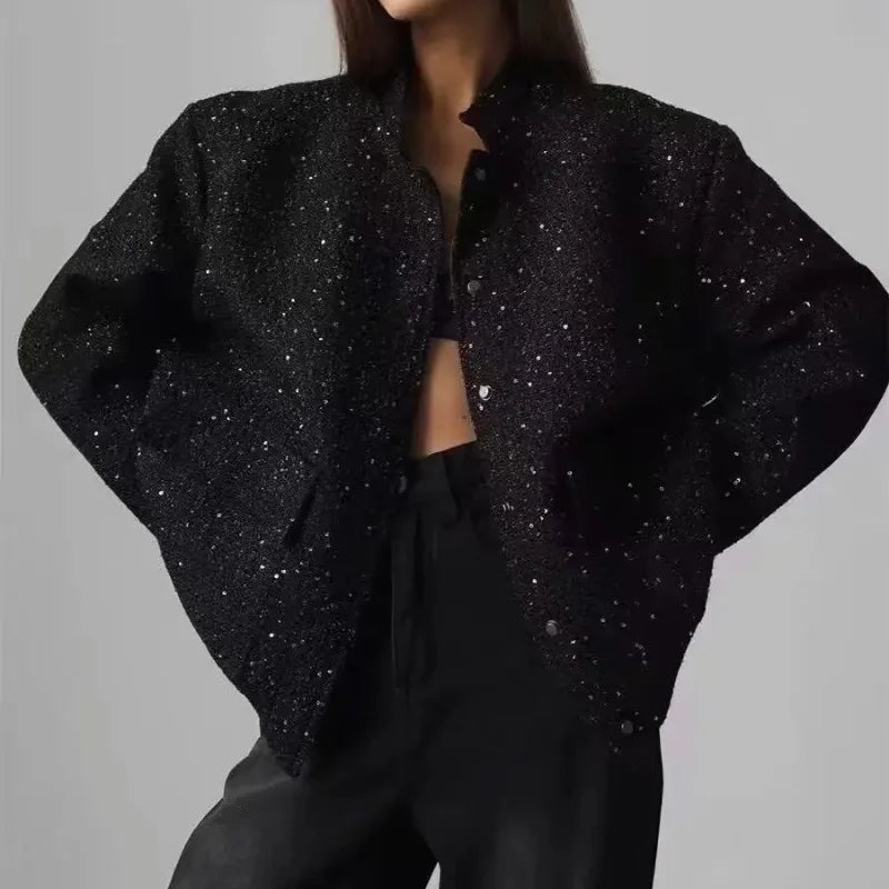 Suninheart Women's Sequined Bomber Jacket Fall O Neck Long Sleeve Pocket Stretch Hem Sequins Jacket Coat Female Chic Outerwear