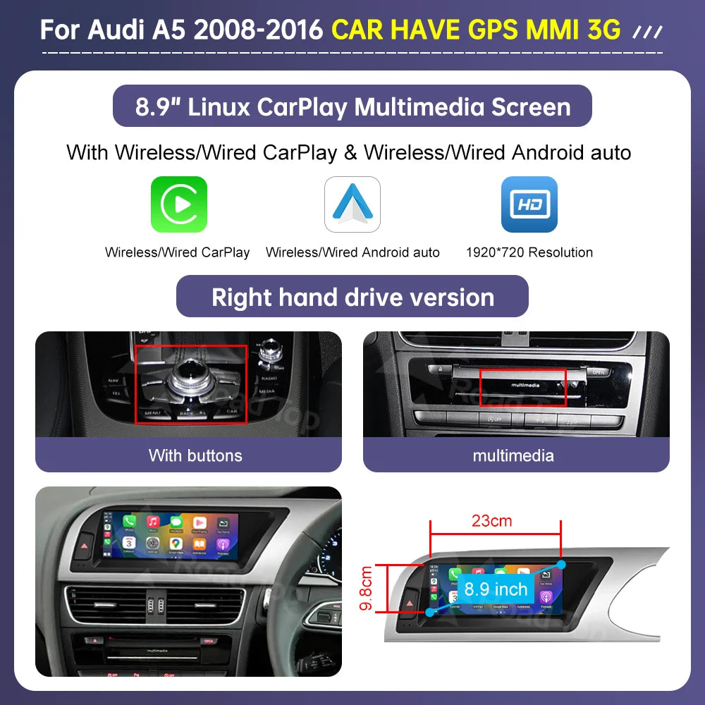 Road Top 8.8"/12.3" Touch Screen for Audi A5 2008–2016