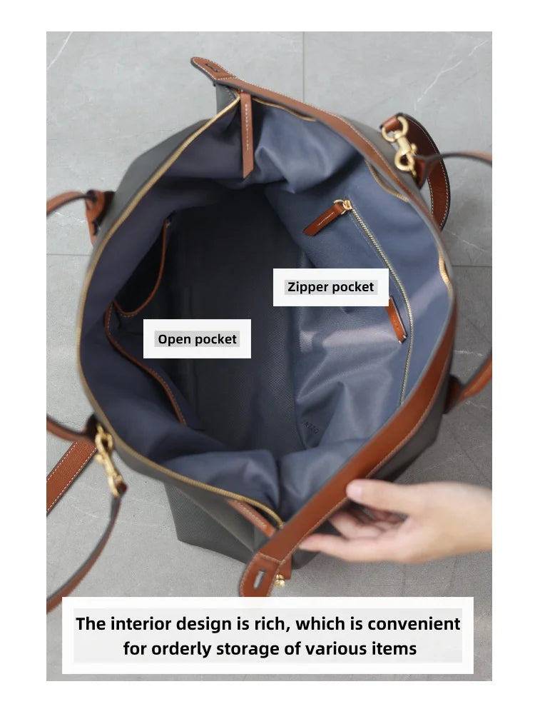 Women's Nylon With Genuine Leather Zipper Tote Lightweight Soft Travling Bags Versatile Style Handbag Different Colors And Size
