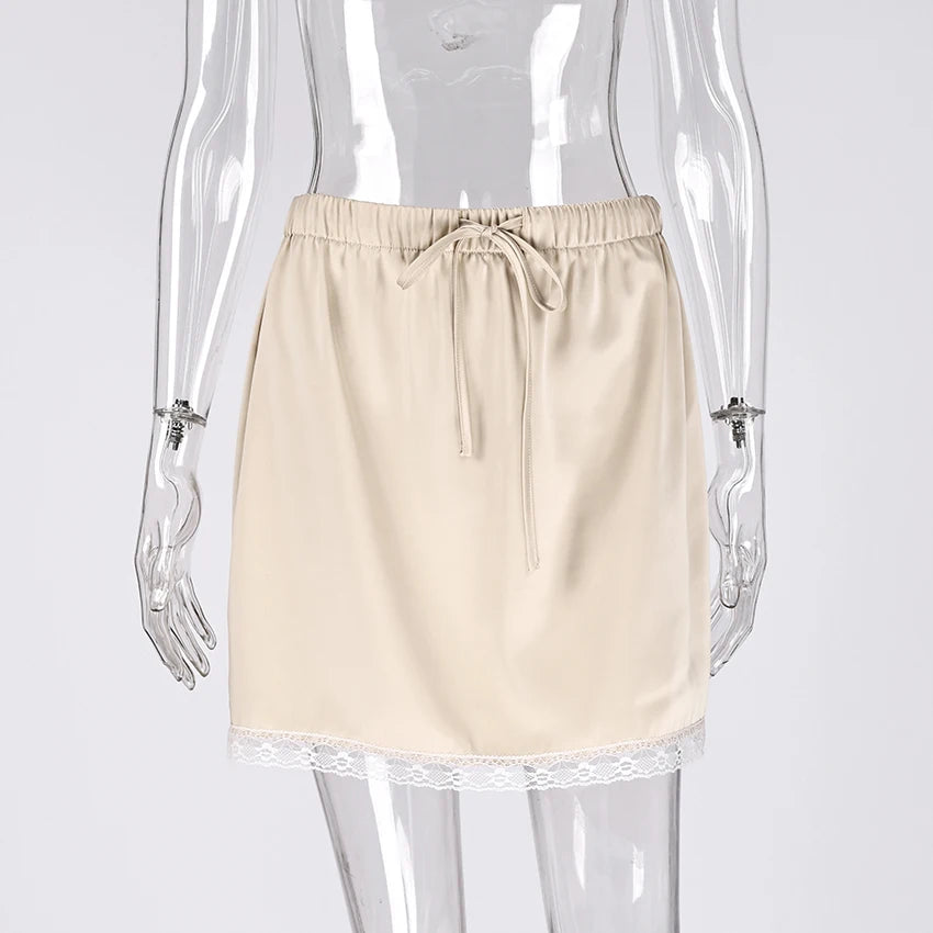 Linad Lace Satin Mini Skirt – Drawstring High Waist