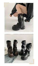 Women's Biker Boots – Belt Buckle Platform Mid-Calf