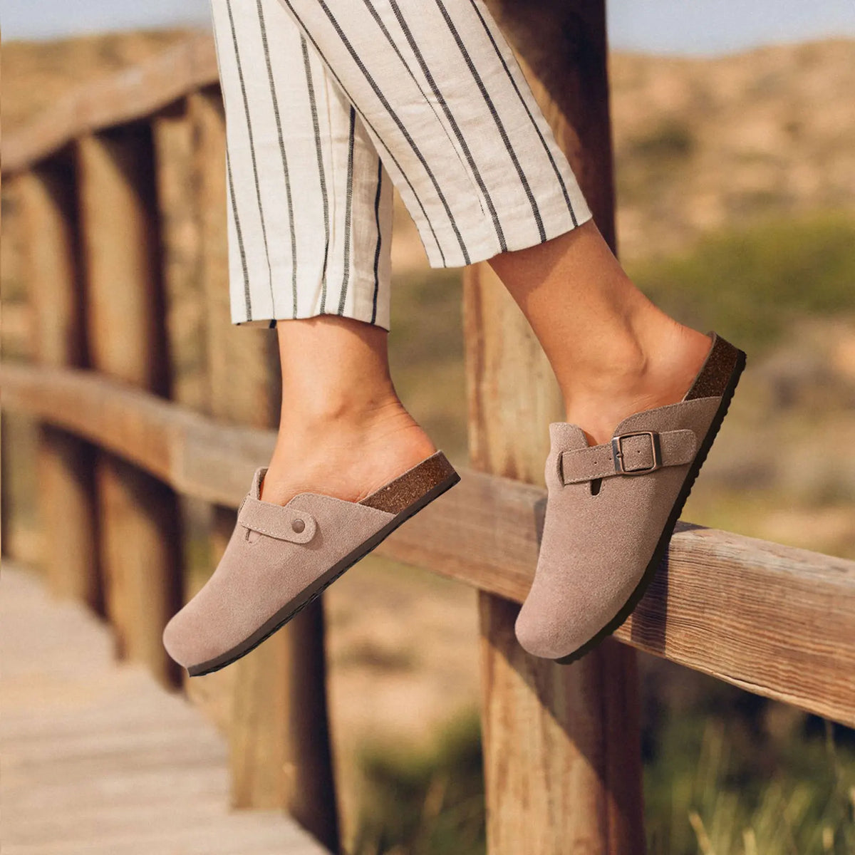 Evshine Men's Suede Clogs Fashion Leather Mules Cozy Footbed Slippers With Adjustable Buckle AntiSlip Cork Slippers Unisex Mules