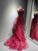 Elegant Sparkling Halter Evening Gown with Beading & Sweep Train