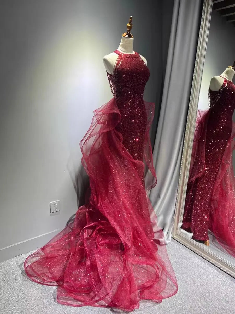 Elegant Sparkling Halter Evening Gown with Beading & Sweep Train