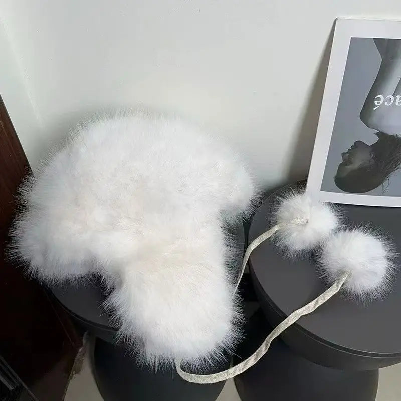INS Fluffy Faux Fur Trapper Hat Women Pompom Ties Russian Ushanka Earflap Cap Bomber Hat Winter Ski Beanie Bonnet Accessories