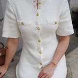 Elegant White Ribbed Knit Mini Dress | Metal Button Autumn